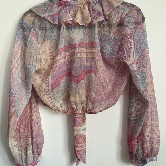 Zara Paisley Ruffle Crop Sheer Button Down Long Sleeve Blouse - Pastel - Medium - Picture 8 of 10